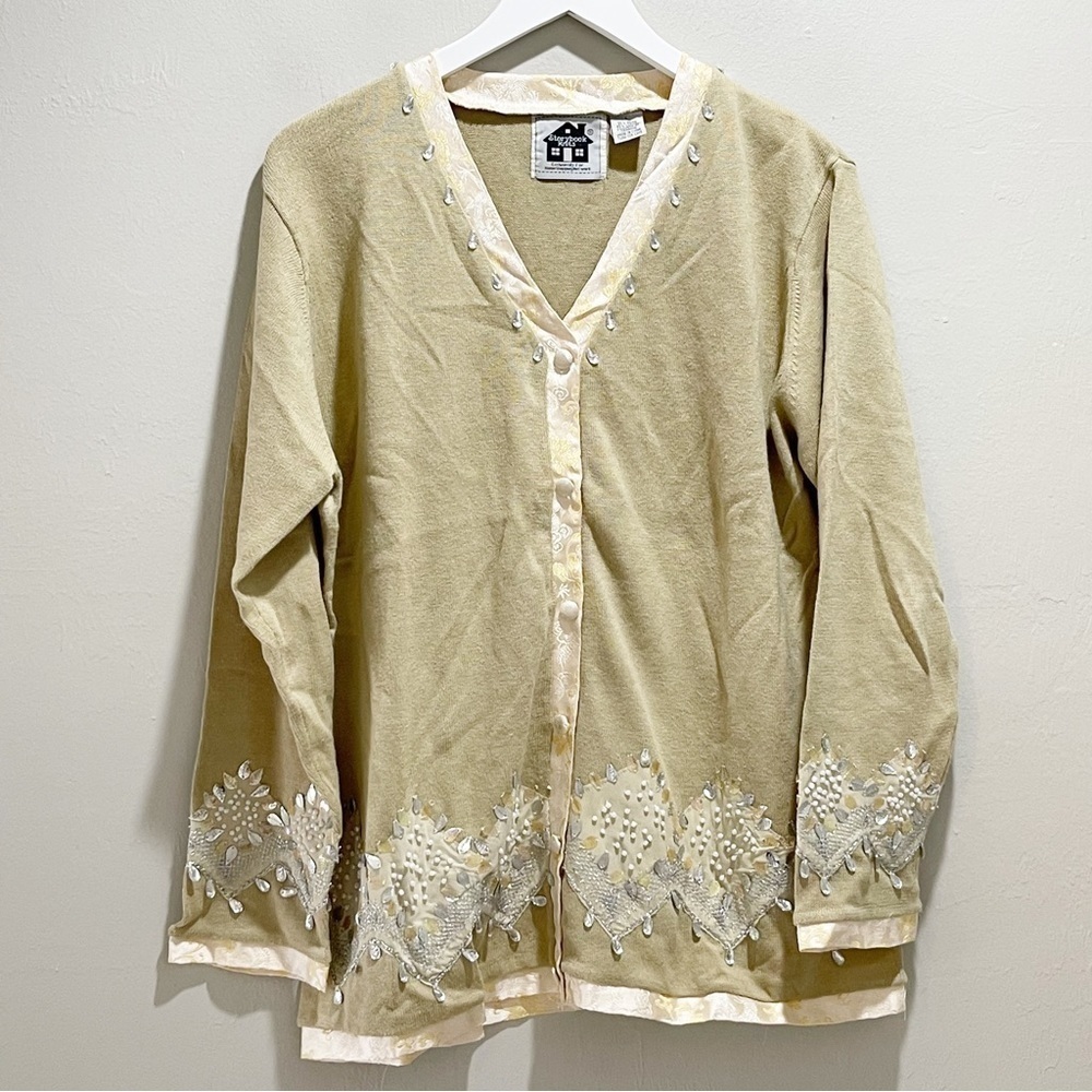 STORYBOOK KNITS Women’s Beige STUNNING SILVER Embellished Cardigan Size Large